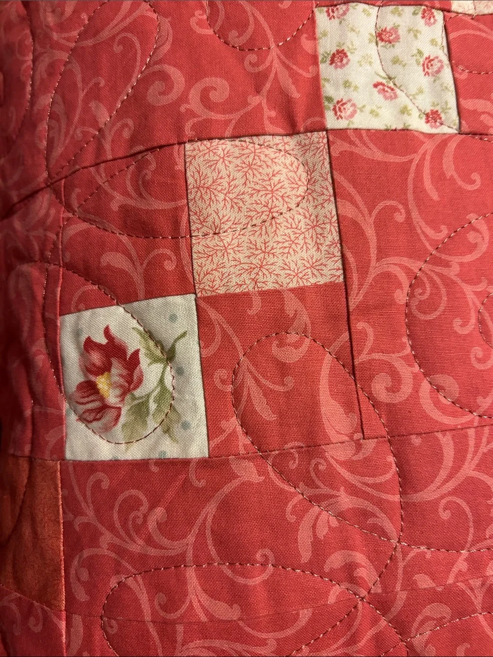 ONE OF A KIND - HANDCRAFTED  Coral and Gray Quilt - Floral
